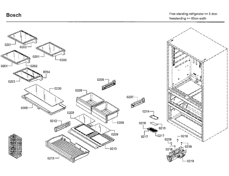 Drawer/shelf Asy Diagram and Parts List for B21CL81SNS 01 Bosch Refrigerator