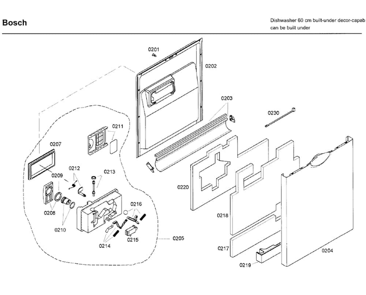 Door Diagram and Parts List for SHE65P05UC 60 Bosch Dishwasher