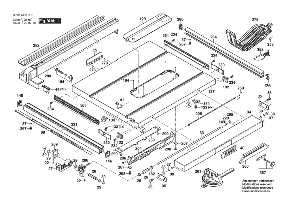 Section 1 Diagram and Parts List for GTS10J 3601M305C2 Bosch Table Saw