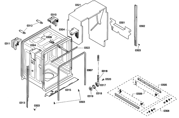 Cabinet Diagram and Parts List for SHE43F15UC 59 Bosch Dishwasher