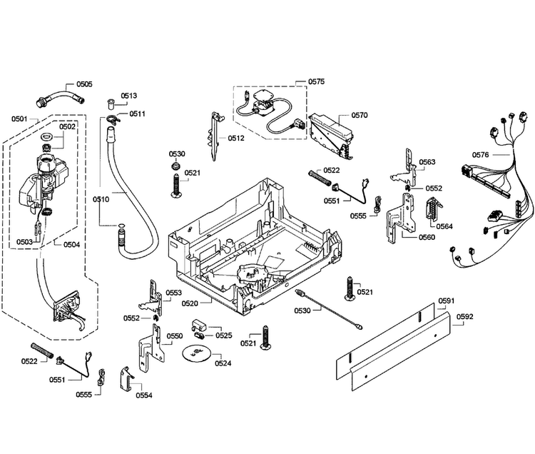 Base Assy Diagram and Parts List for SGE63E06UC 50 Bosch Dishwasher