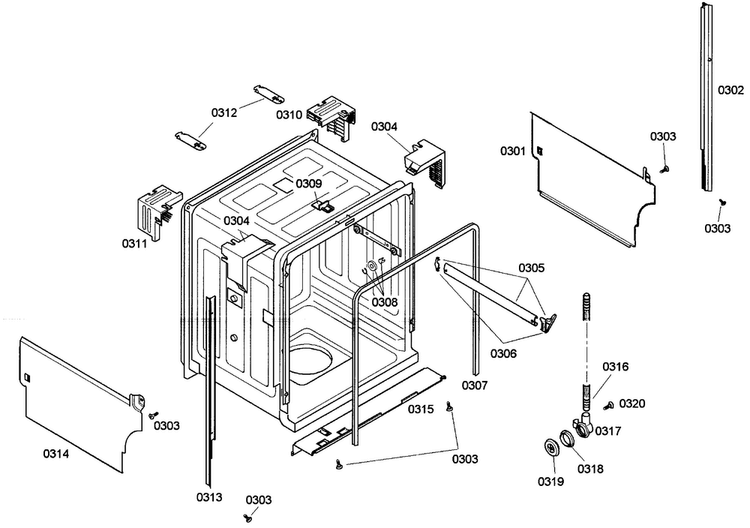 Cabinet Diagram and Parts List for SHE33M02UC 47 Bosch Dishwasher