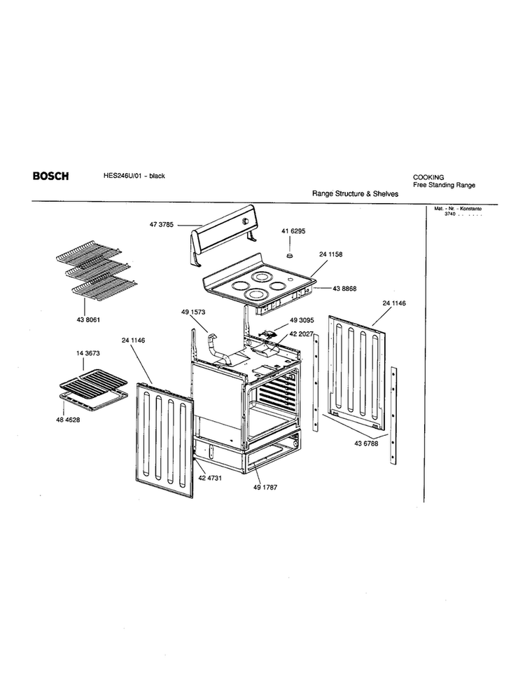 Range Structure And Shelves Diagram and Parts List for HES246U 01 Bosch Range