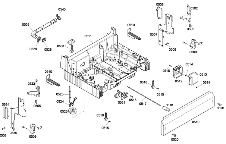 Base Assy Diagram and Parts List for SHE43F05UC 53 Bosch Dishwasher