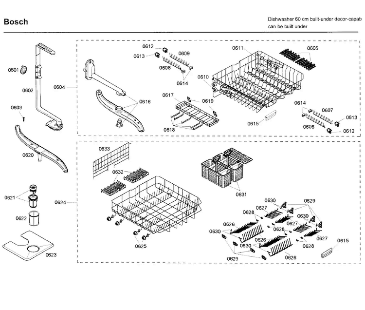 Rack Diagram and Parts List for SHE99C05UC 48 Bosch Dishwasher