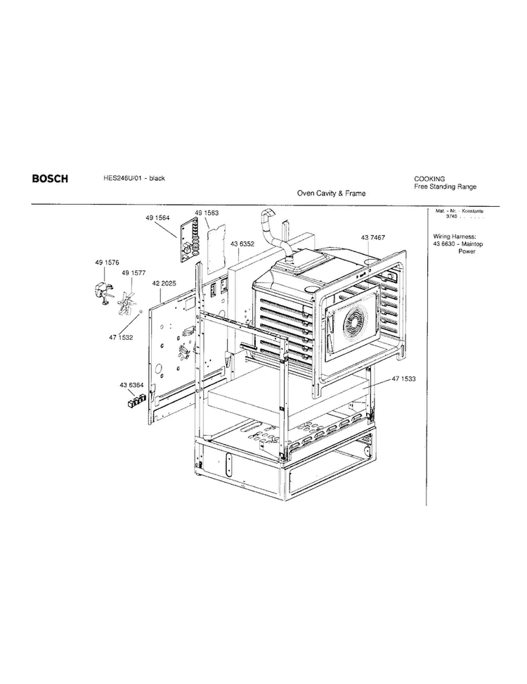 Oven Cavity And Frame Diagram and Parts List for HES246U 01 Bosch Range