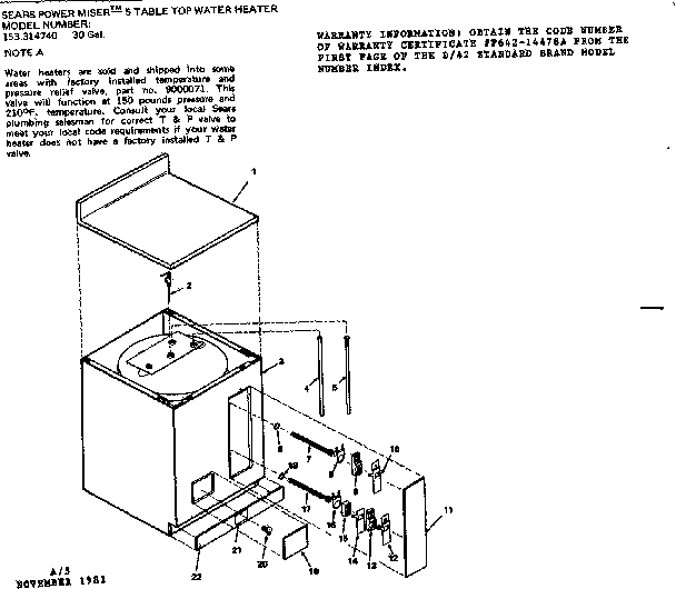 Replacement Parts Diagram and Parts List for 153314740  Kenmore Water Heater