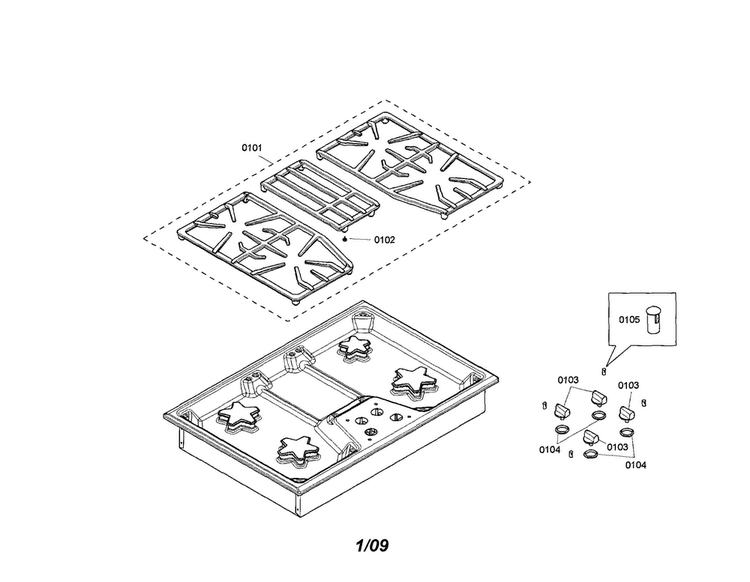 Grates/knobs Diagram and Parts List for SGS304FS 02 Thermador Cooktop