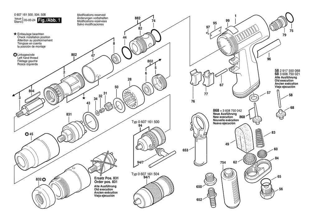 Section 1 Diagram and Parts List for 0607161508  Bosch Drill