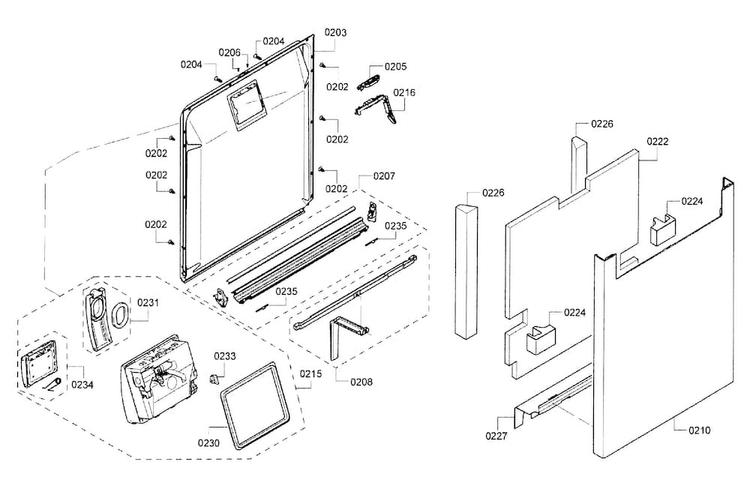 Door Diagram and Parts List for SHE7PT55UC 01 Bosch Dishwasher