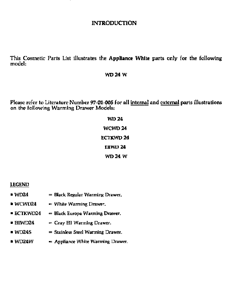 Replacement Legend-text Diagram and Parts List for WD24W  Thermador Warming Drawer
