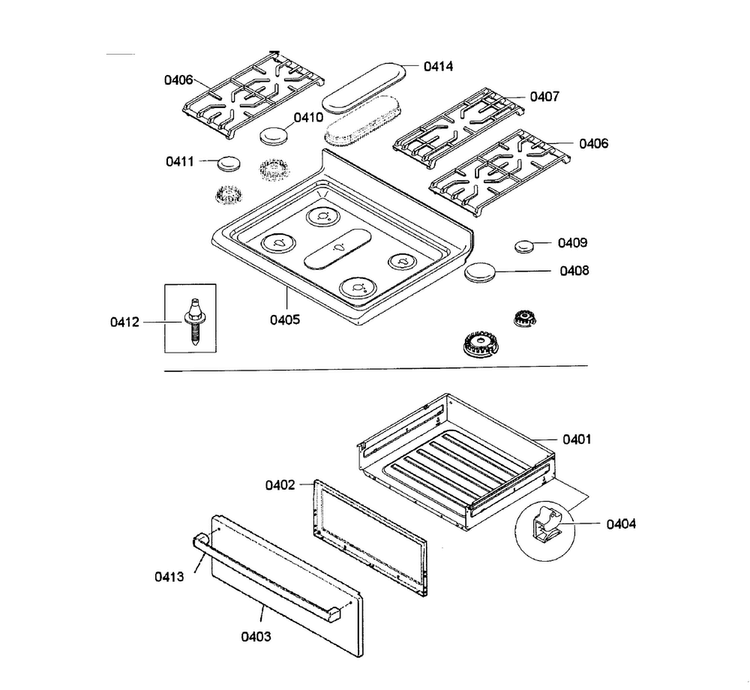 Top Assy/drawer Diagram and Parts List for HGS5053UC 04 Bosch Range