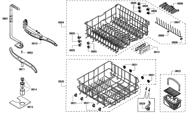 Baskets Diagram and Parts List for SHE43F16UC 60 Bosch Dishwasher