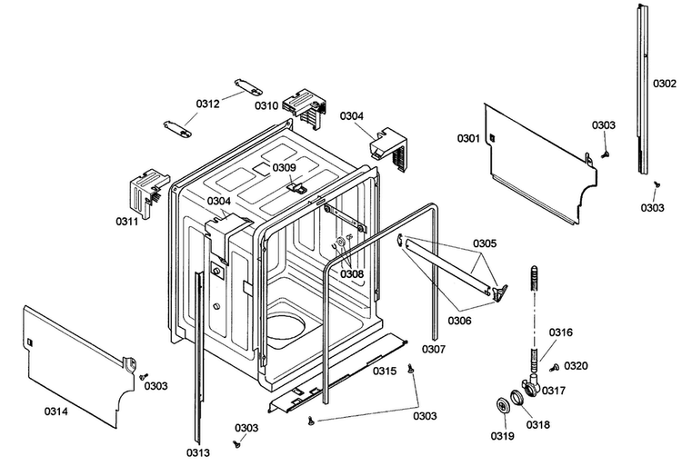 Cabinet Diagram and Parts List for SHE43C05UC 47 Bosch Dishwasher