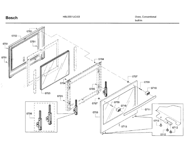 Door 2 Diagram and Parts List for HBL5551UC 03 Bosch Wall Oven