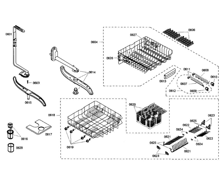 Baskets Diagram and Parts List for SHX55M05UC 50 Bosch Dishwasher