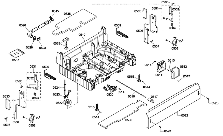 Base Assy Diagram and Parts List for SHE55P02UC 53 Bosch Dishwasher