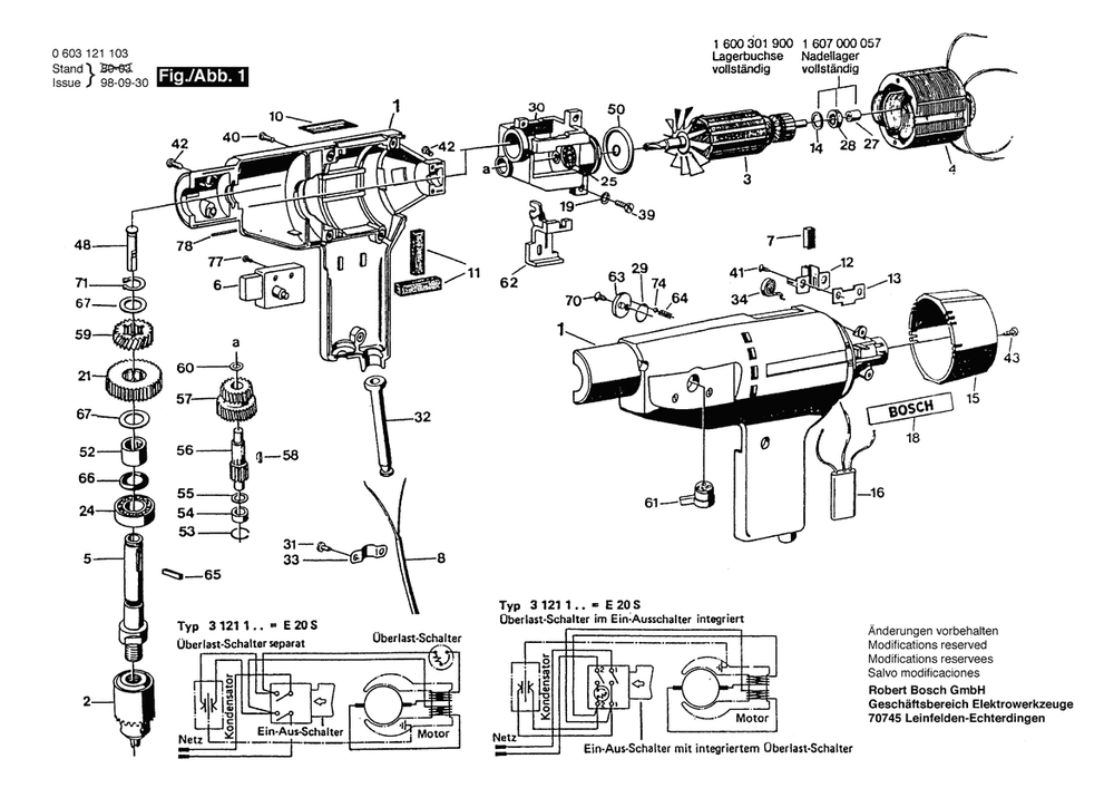 Section 1 Diagram and Parts List for 31210 0603121003 Bosch Drill