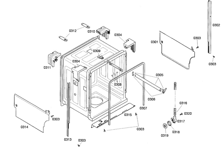 Cabinet Diagram and Parts List for SHE44C07UC 47 Bosch Dishwasher