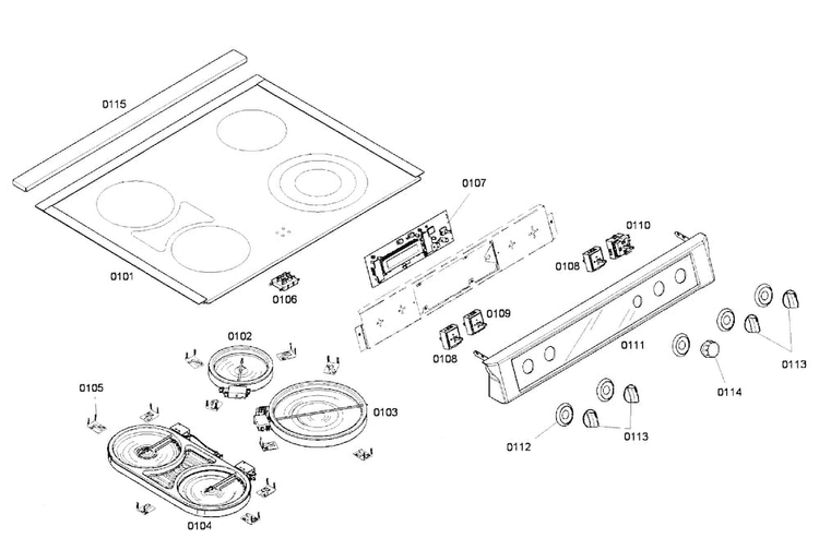 Cooktop & Control Panel Diagram and Parts List for HEI7052U 02 Bosch Range