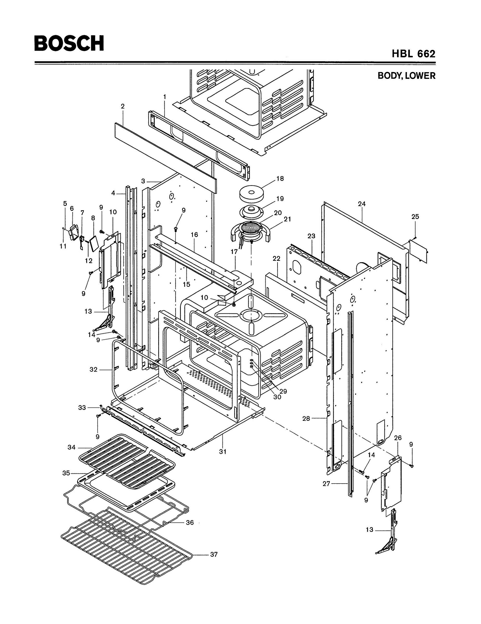 02 - BODY, LOWER Diagram and Parts List for HBL662  Bosch Range