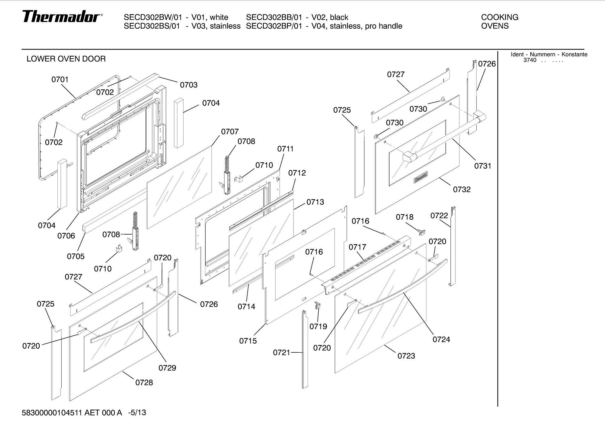 14 - LOWER OVEN DOOR Diagram and Parts List for SECD302BS01  Bosch Range