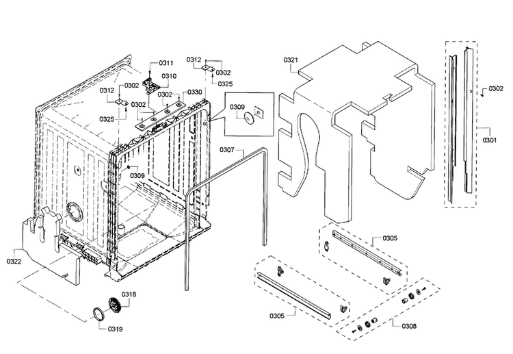 Cavity & Frame Diagram and Parts List for SHX3AR55UC 17 Bosch Dishwasher