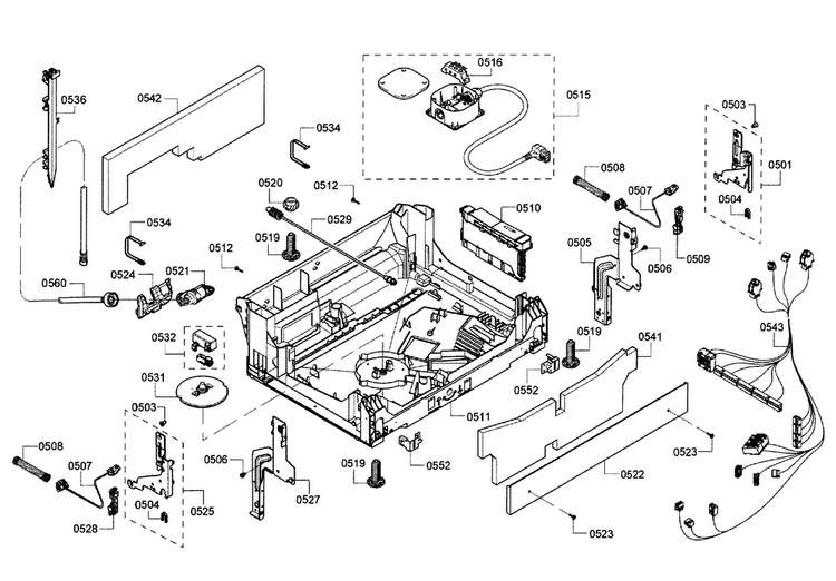 Base Diagram and Parts List for SHE7PT55UC 02 Bosch Dishwasher