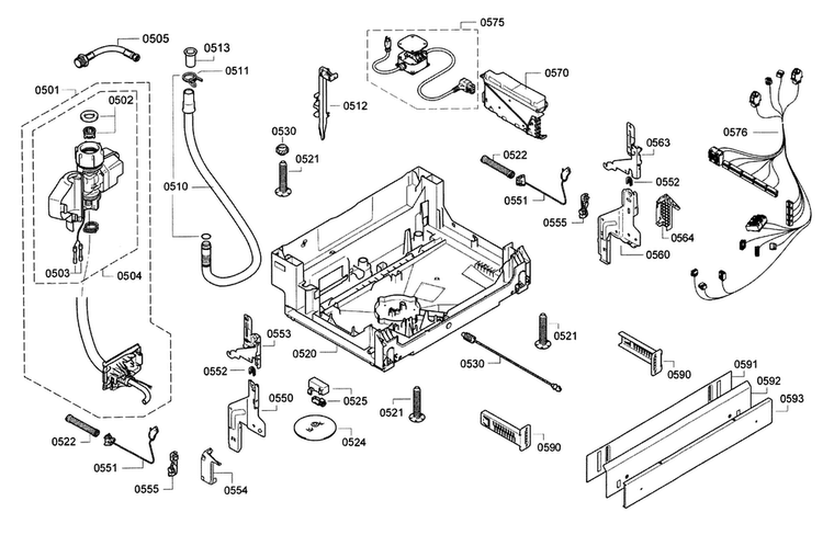 Base Diagram and Parts List for SHE9PT55UC 01 Bosch Dishwasher