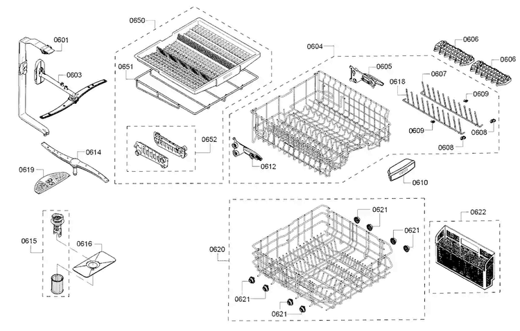 Rack Diagram and Parts List for SHE65T52UC 07 Bosch Dishwasher