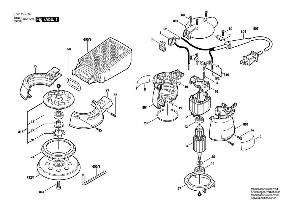 Section 1 Diagram and Parts List for 0601295539  Bosch Orbital or Palm Sander