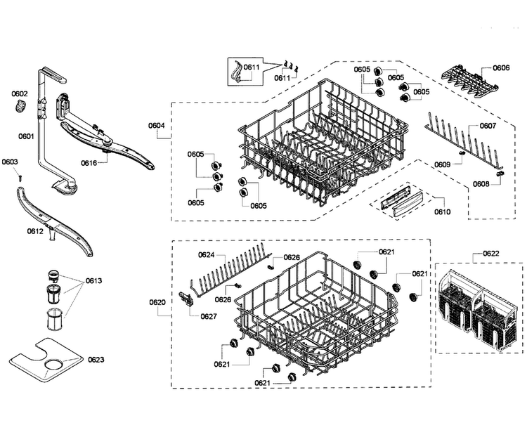 Baskets Diagram and Parts List for DWHD410HFM 60 Thermador Dishwasher
