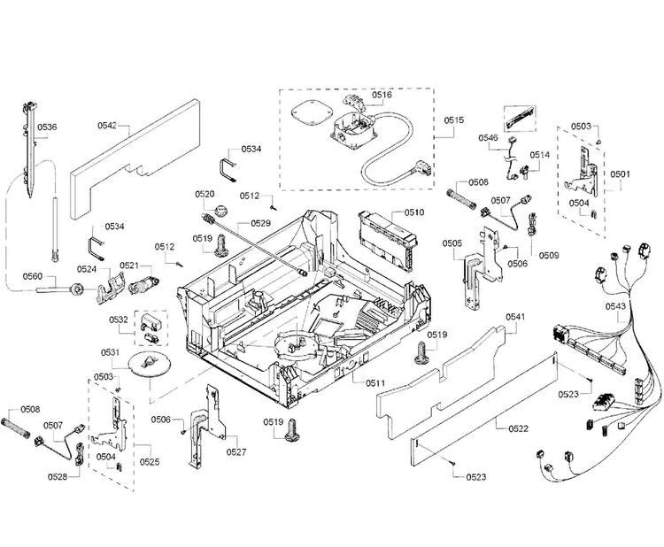 Base Diagram and Parts List for SHP68T55UC 01 Bosch Dishwasher