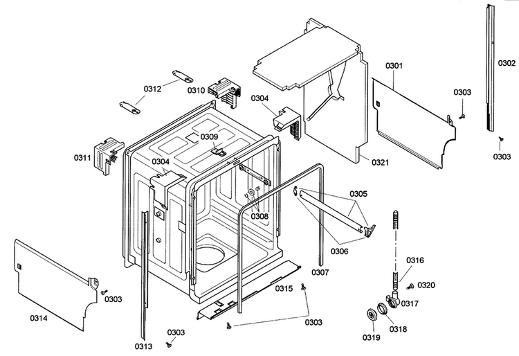 Cabinet Diagram and Parts List for SHE43M02UC 46 Bosch Dishwasher