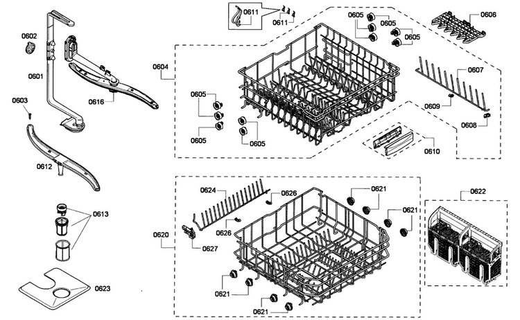 Baskets Diagram and Parts List for SHE43P12UC 59 Bosch Dishwasher