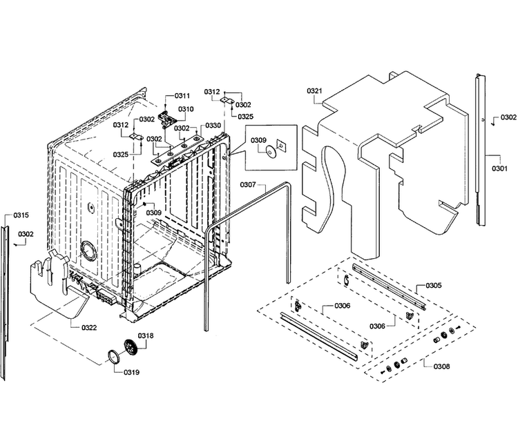 Cabinet Diagram and Parts List for SHX3AR76UC 08 Bosch Dishwasher