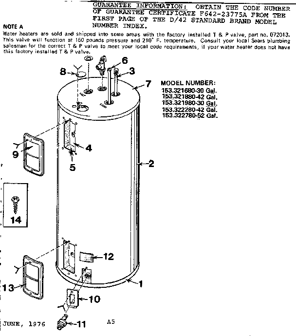 Non-functional Replacement Parts Diagram and Parts List for 153322280  Kenmore Water Heater