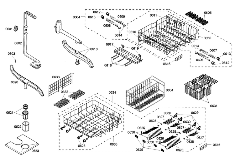 Basket Assy Diagram and Parts List for DWHD94EP 50 Thermador Dishwasher