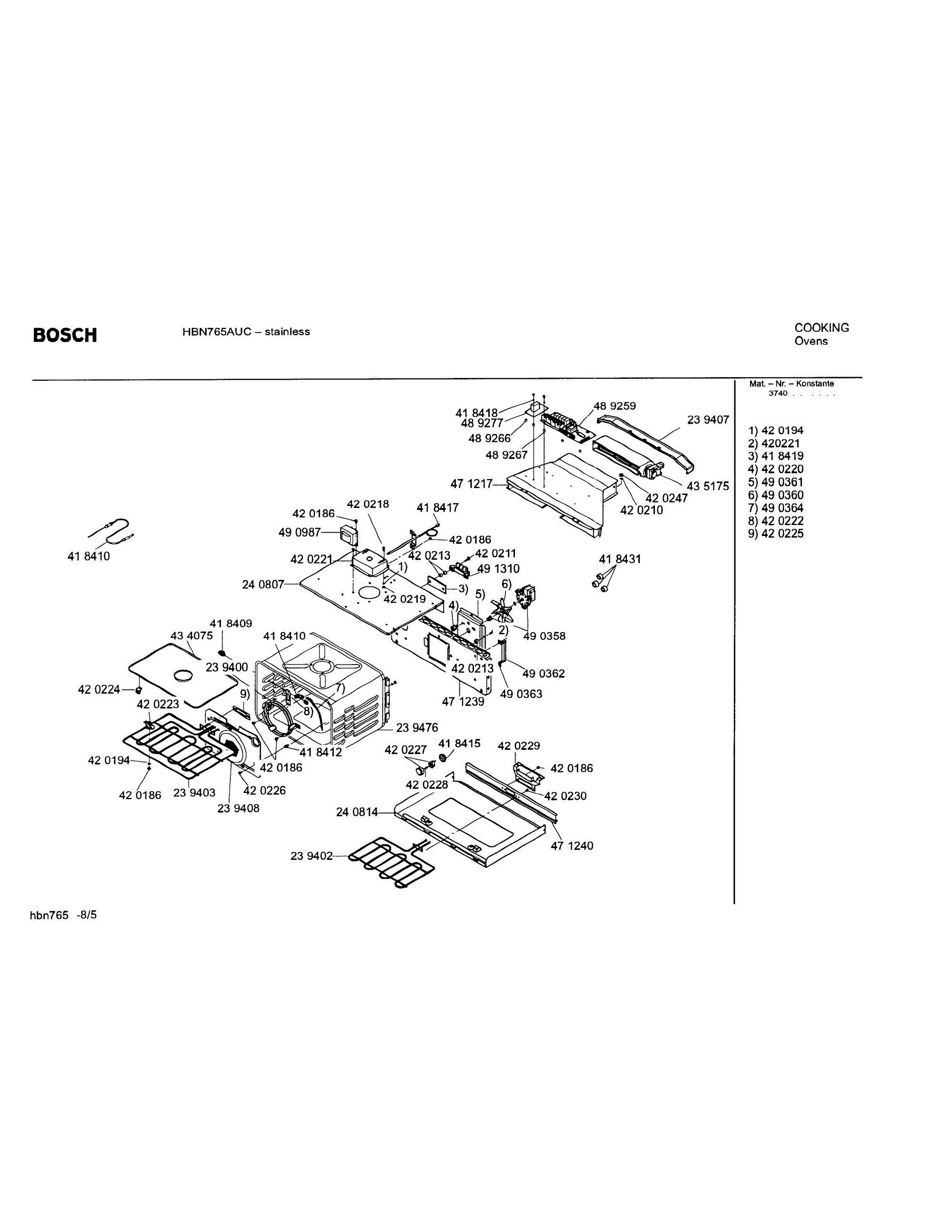 05 - LOWER OVEN COMPONENTS Diagram and Parts List for HBN765AUC(FD8207-)  Bosch Wall Oven