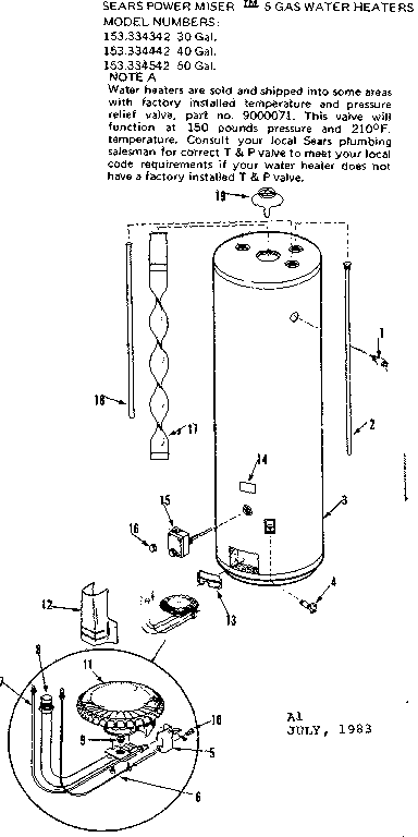 Replacement Parts Diagram and Parts List for 153334342  Kenmore Water Heater