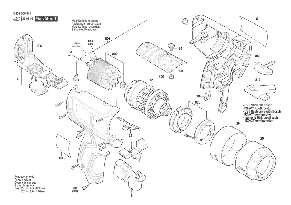 Section 1 Diagram and Parts List for 3602D96406  Bosch Screwdriver