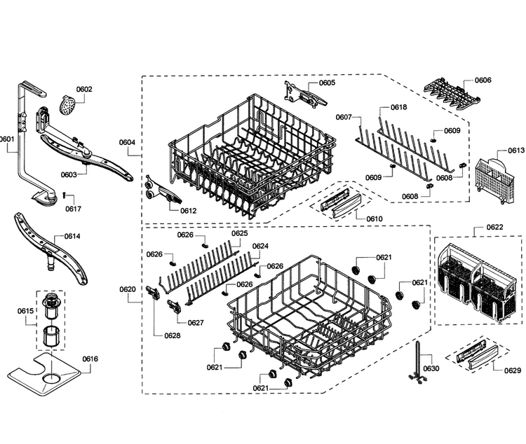 Baskets Diagram and Parts List for SHE68R55UC 67 Bosch Dishwasher