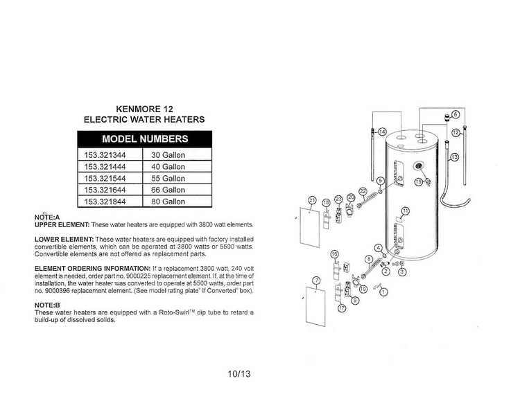 Water Heater Diagram and Parts List for 153321444  Kenmore Water Heater
