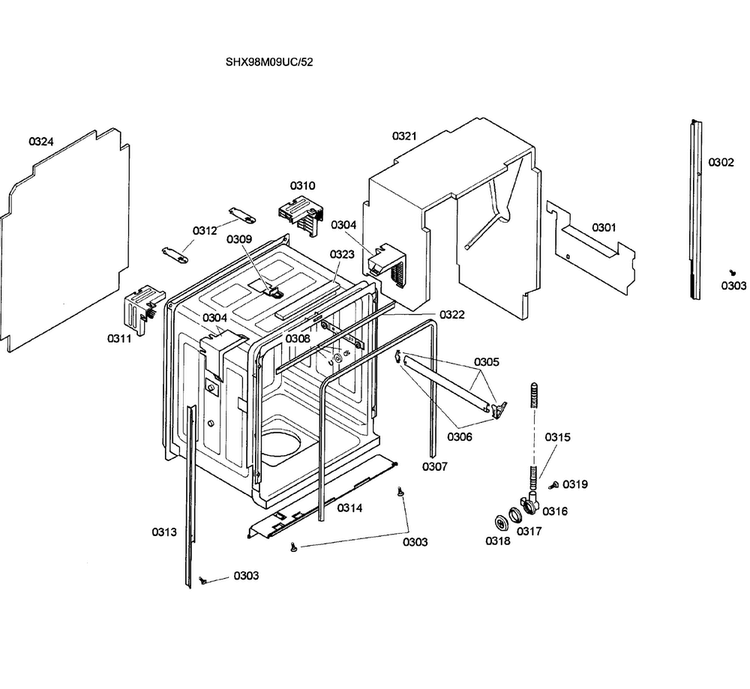 Cabinet Diagram and Parts List for SHX98M09UC 52 Bosch Dishwasher