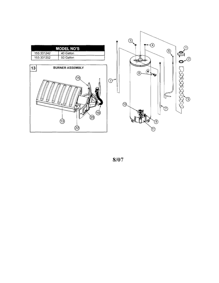 Gas Water Heater Diagram and Parts List for 153331242  Kenmore Water Heater