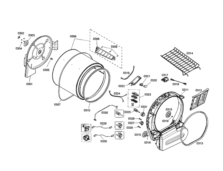 Drum Diagram and Parts List for WTMC553SUC 06 Bosch Dryer