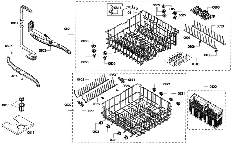 Baskets Asst Diagram and Parts List for SHE55P06UC 53 Bosch Dishwasher