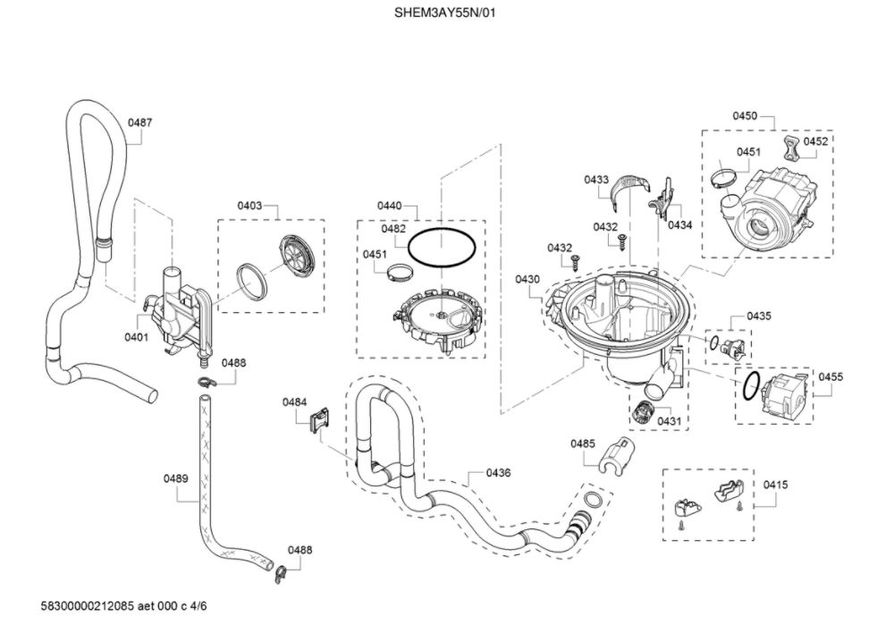 Water Inlet/Pump/Sump Diagram and Parts List for SHEM3AY55N 01 Bosch Dishwasher