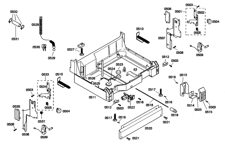 Base Assy Diagram and Parts List for SHE46C05UC 22 Bosch Dishwasher