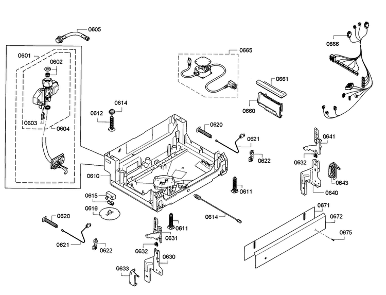 Base Diagram and Parts List for SGE53U55UC A5 Bosch Dishwasher